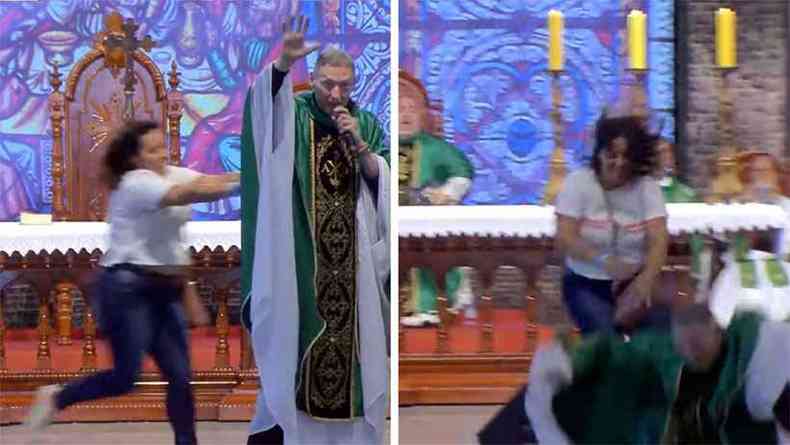 Câmeras flagraram o momento em que mulher correu na direção do padre Marcelo e o atirou para fora do palco(foto: Reprodução da internet/Youtube)