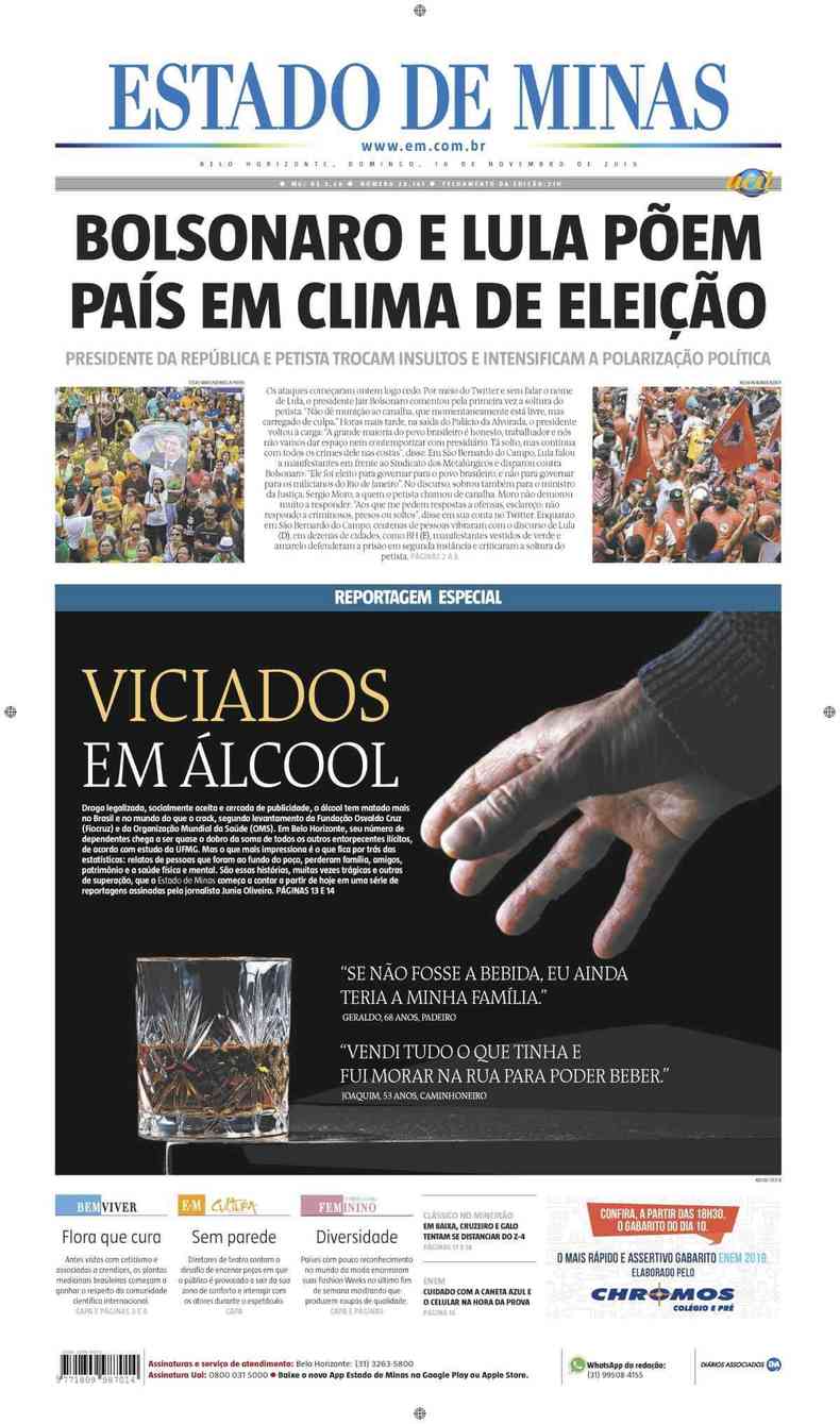 Confira a Capa do Jornal Estado de Minas do dia 10/11/2019(foto: Estado de Minas)