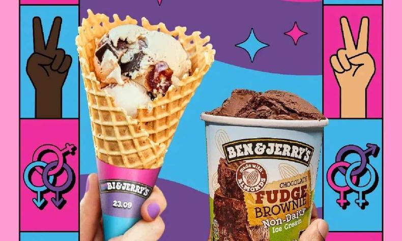 Cartaz da Ben&Jerry's com imagens de uma casquinha de sorvete e um pote de sorvete em um fundo colorido azul, rosa e roxo 