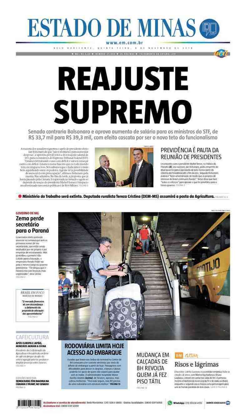 Confira a Capa do Jornal Estado de Minas do dia 08/11/2018(foto: Estado de Minas)