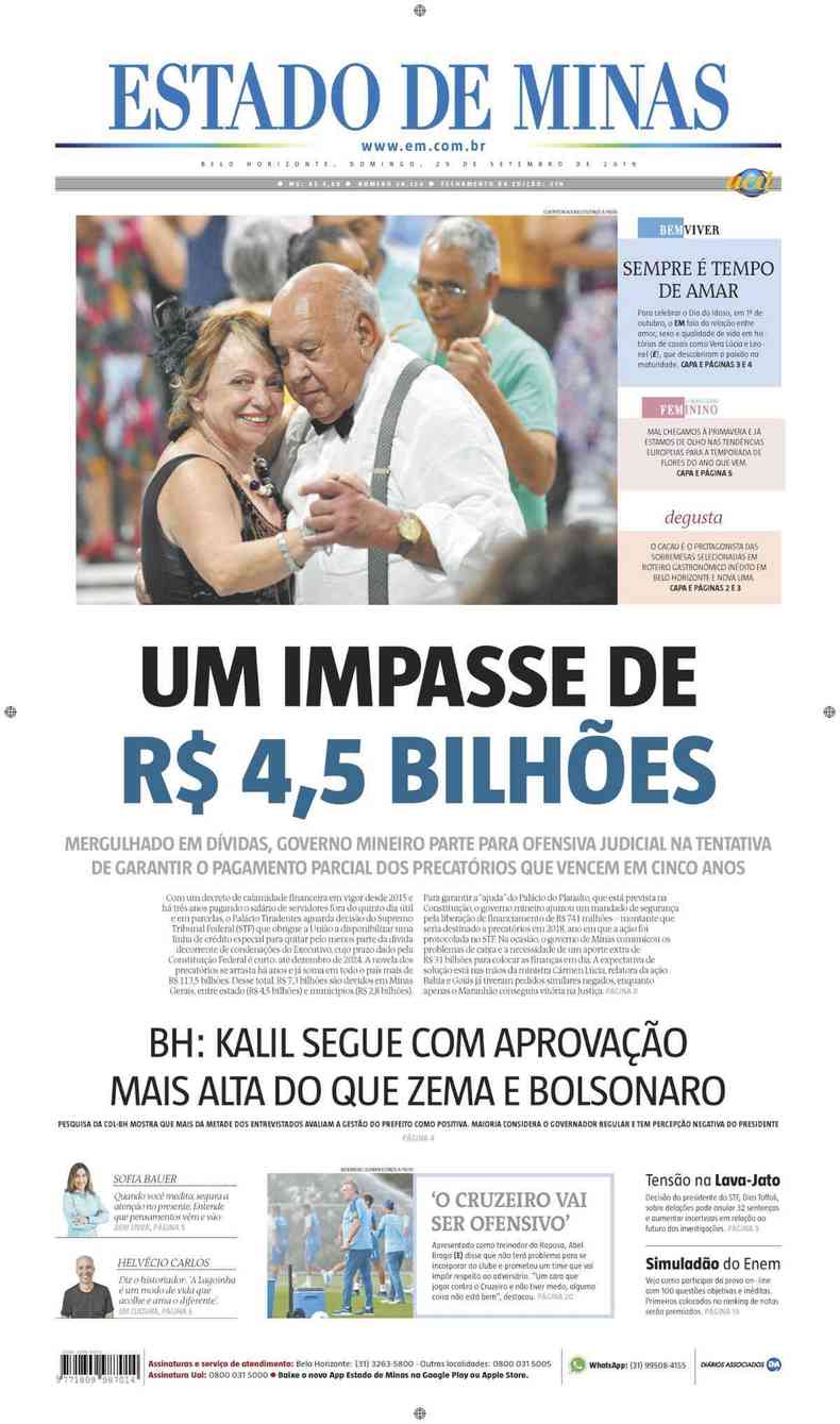 Confira a Capa do Jornal Estado de Minas do dia 29/09/2019(foto: Estado de Minas)