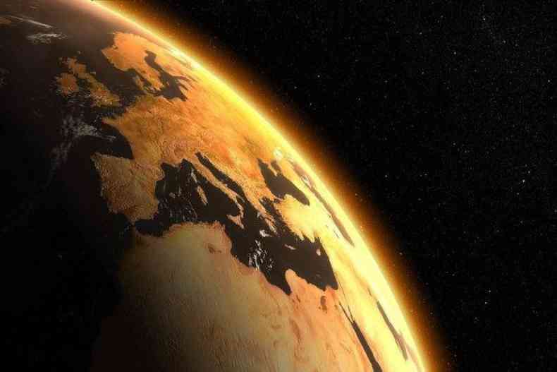 Na imagem h uma parte do Planeta Terra visto do espao e uma luz envolta simbolizando a Camada de Oznio 