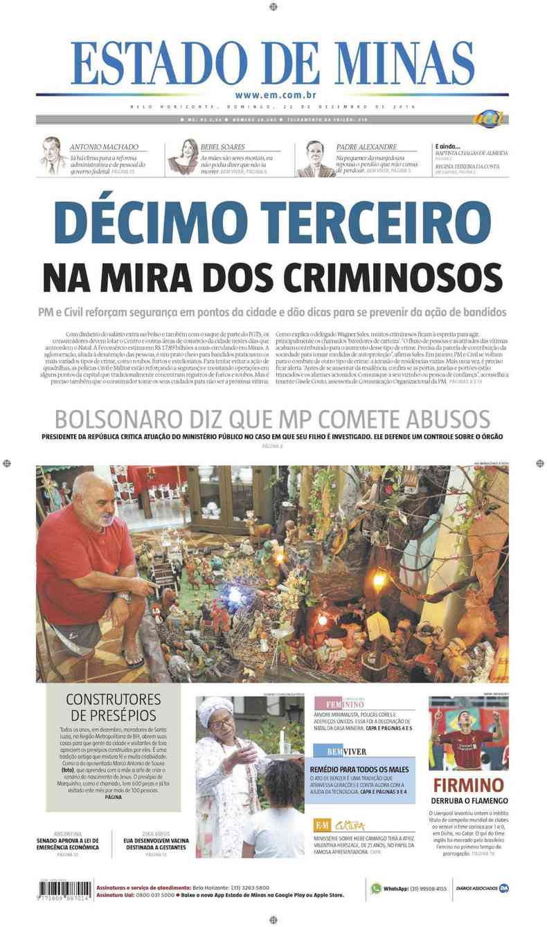 Confira a Capa do Jornal Estado de Minas do dia 22/12/2019(foto: Estado de Minas)