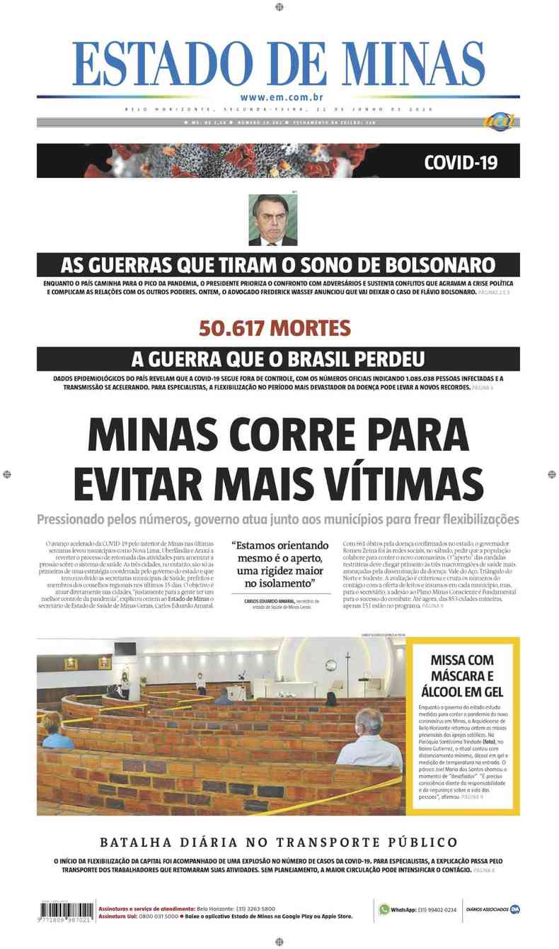 Confira a Capa do Jornal Estado de Minas do dia 22/06/2020(foto: Estado de Minas)