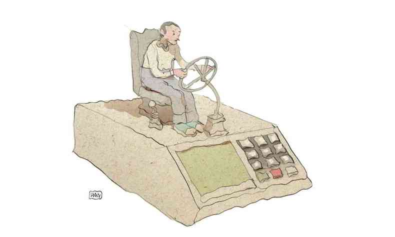 Ilustrao mostra homem dirigindo e sentado em cadeira, com volante  sua frente, em cima da urna eletrnica