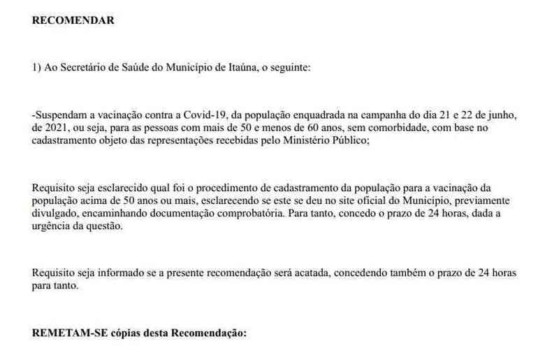 Recomendao do Ministrio Pblico para suspender vacinao em Itana/MG(foto: Reproduo)