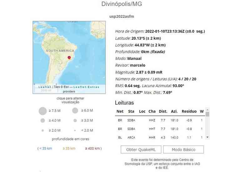 Mapa elaborado pela Rede Sismográfica Brasileira, registrando o local do tremor de terra