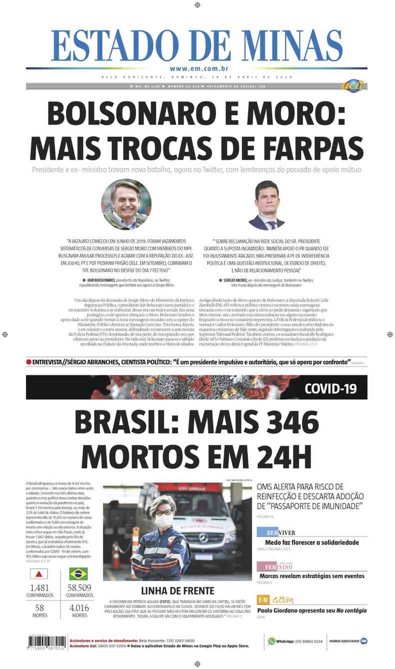Confira a Capa do Jornal Estado de Minas do dia 26/04/2020(foto: Estado de Minas)