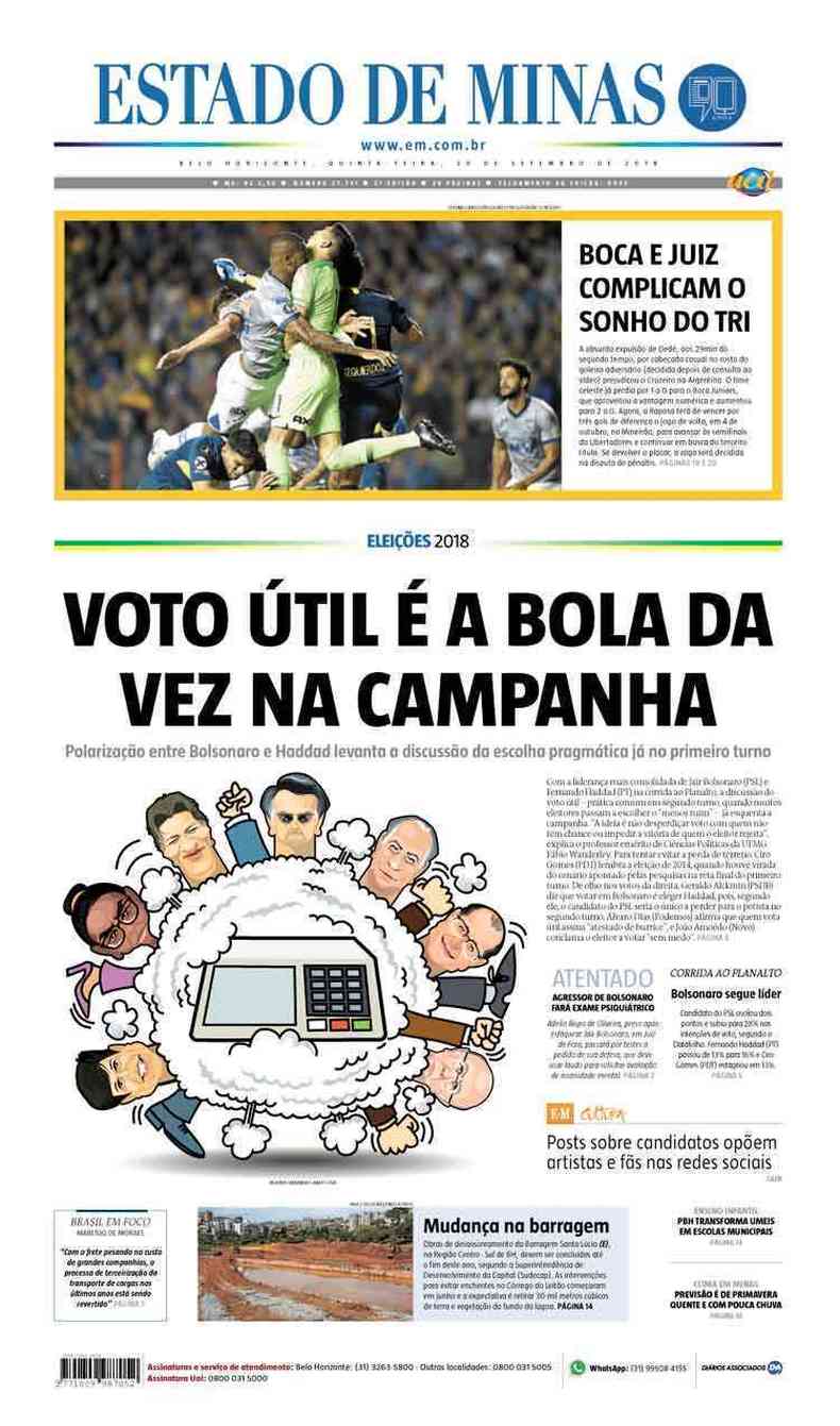Confira a Capa do Jornal Estado de Minas do dia 20/09/2018(foto: Estado de Minas)