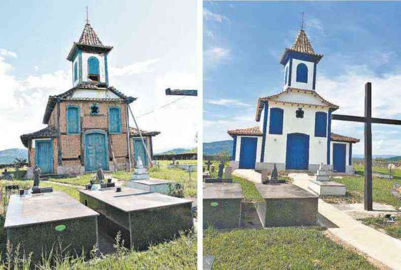 Antes e depois da restaurao da Capela de Nosso Senhor dos Passos(foto: JAIR AMARAL/EM/D.A PRESS - 7/12/18 e Iepha-MG/DIVULGAO)