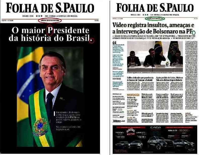 Comparao feita em 28 de maio de 2020 entre a capa viralizada (esquerda) e a verdadeira capa da Folha de S. Paulo de 23 de maio de 2020