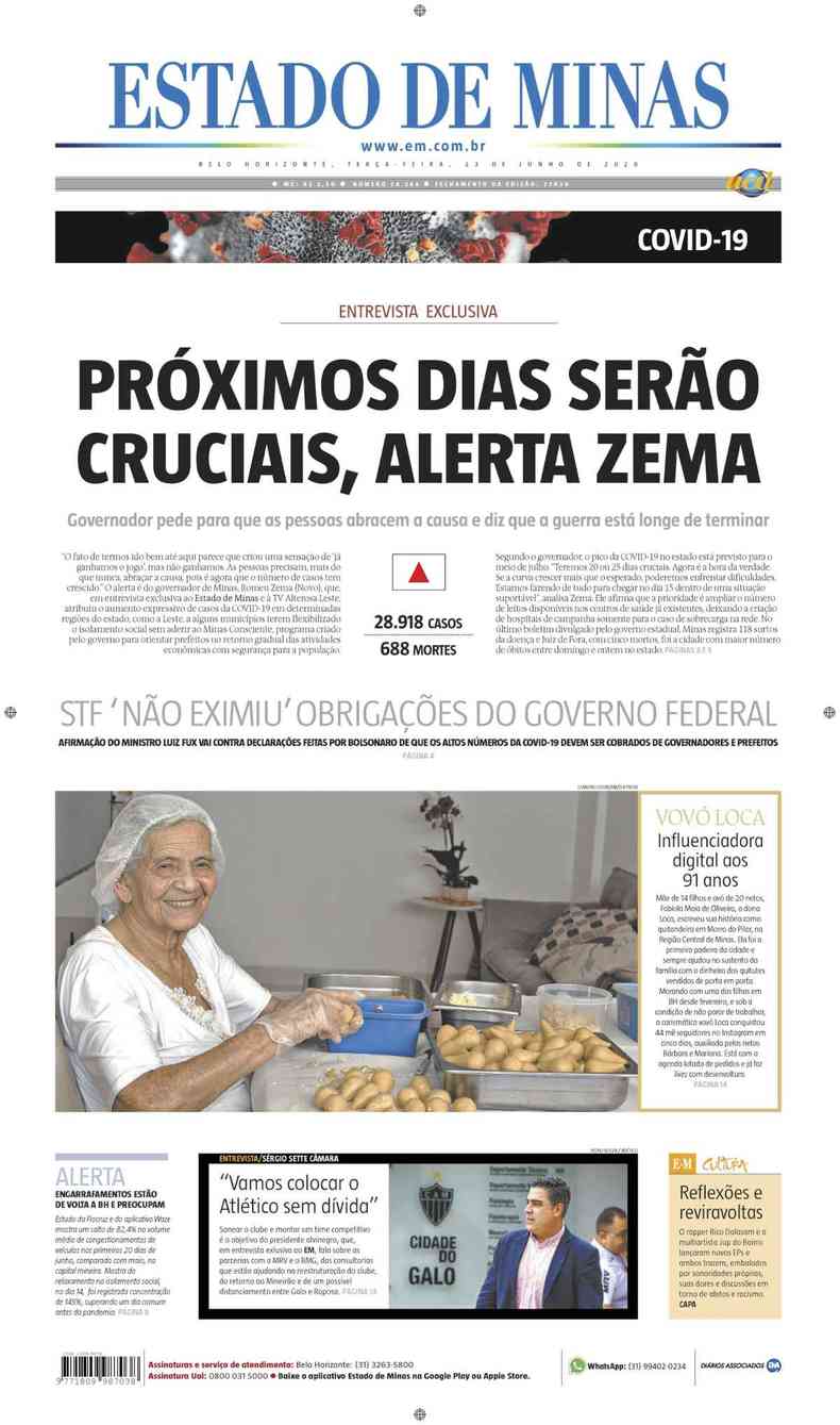 Confira a Capa do Jornal Estado de Minas do dia 23/06/2020(foto: Estado de Minas)