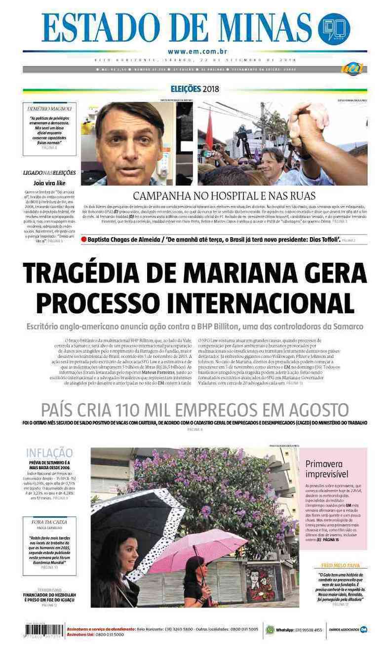 Confira a Capa do Jornal Estado de Minas do dia 22/09/2018(foto: Estado de Minas)