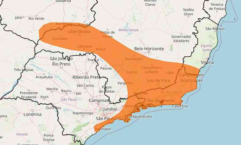 mancha laranja abrange locais onde h grande perigo de tempestades mapa minas gerais