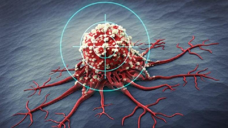 Ilustra��o de c�lula cancerosa rodeada por s�mbolo de alvo