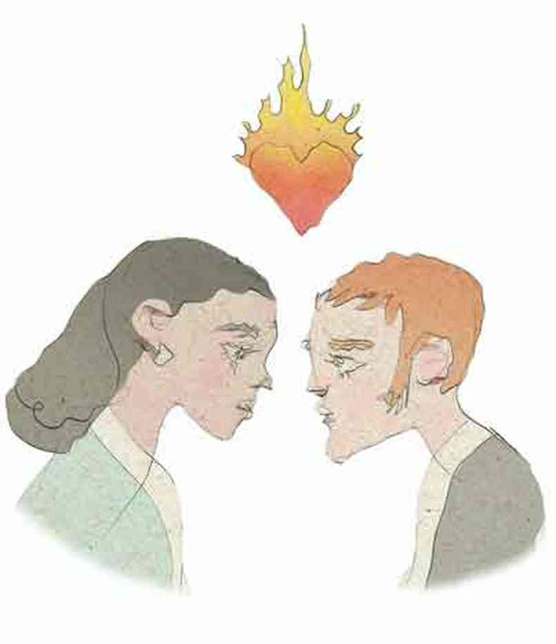 ilustração de mulher e homem se olhando com um coração acima deles