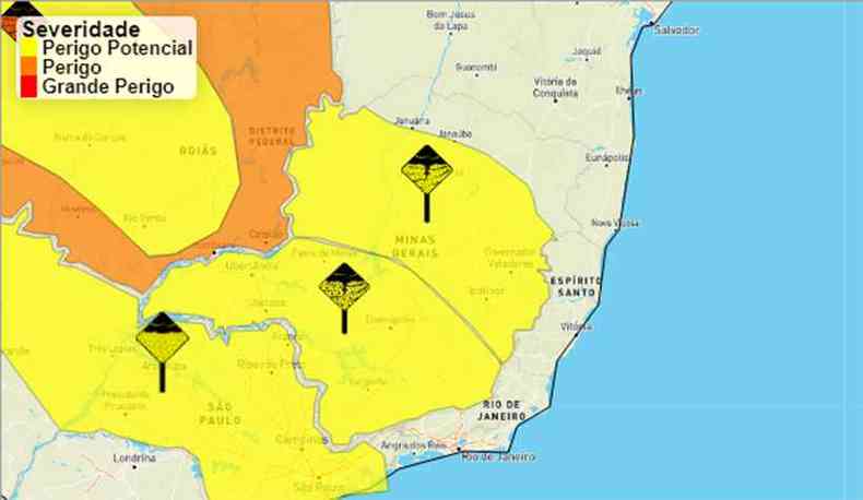 Zona amarela do mapa é de risco de chuvas intensas e tempestades(foto: Reprodução)