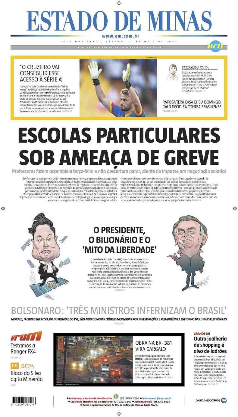 Confira a Capa do Jornal Estado de Minas do dia 21/05/2022