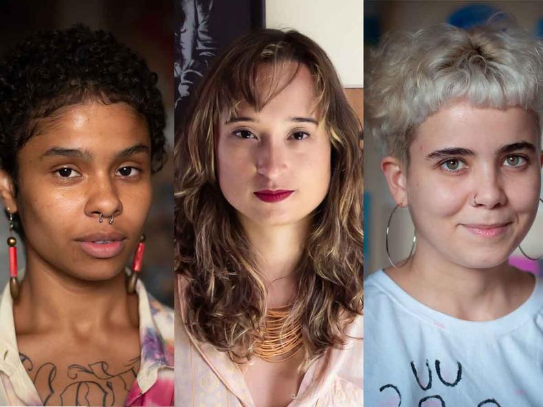 Lorena Barros, Luciana Brandão e Iaci Carneiro lançam vídeo sobre a experiência do Movimento Arte na Maternidade(foto: Acervo pessoal) Fotografia mostra montagem com fotos das artistas Lorena Barros, Luciana Brandão e Iaci Carneiro