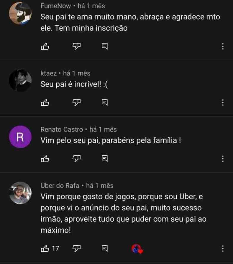 Novos inscritos mandam mensagem de apoio ao garoto e pedem que ele valorize o pai(foto: Youtube/Reproduo)