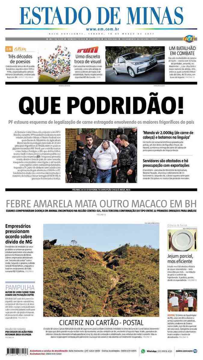 Confira a Capa do Jornal Estado de Minas do dia 18/03/2017