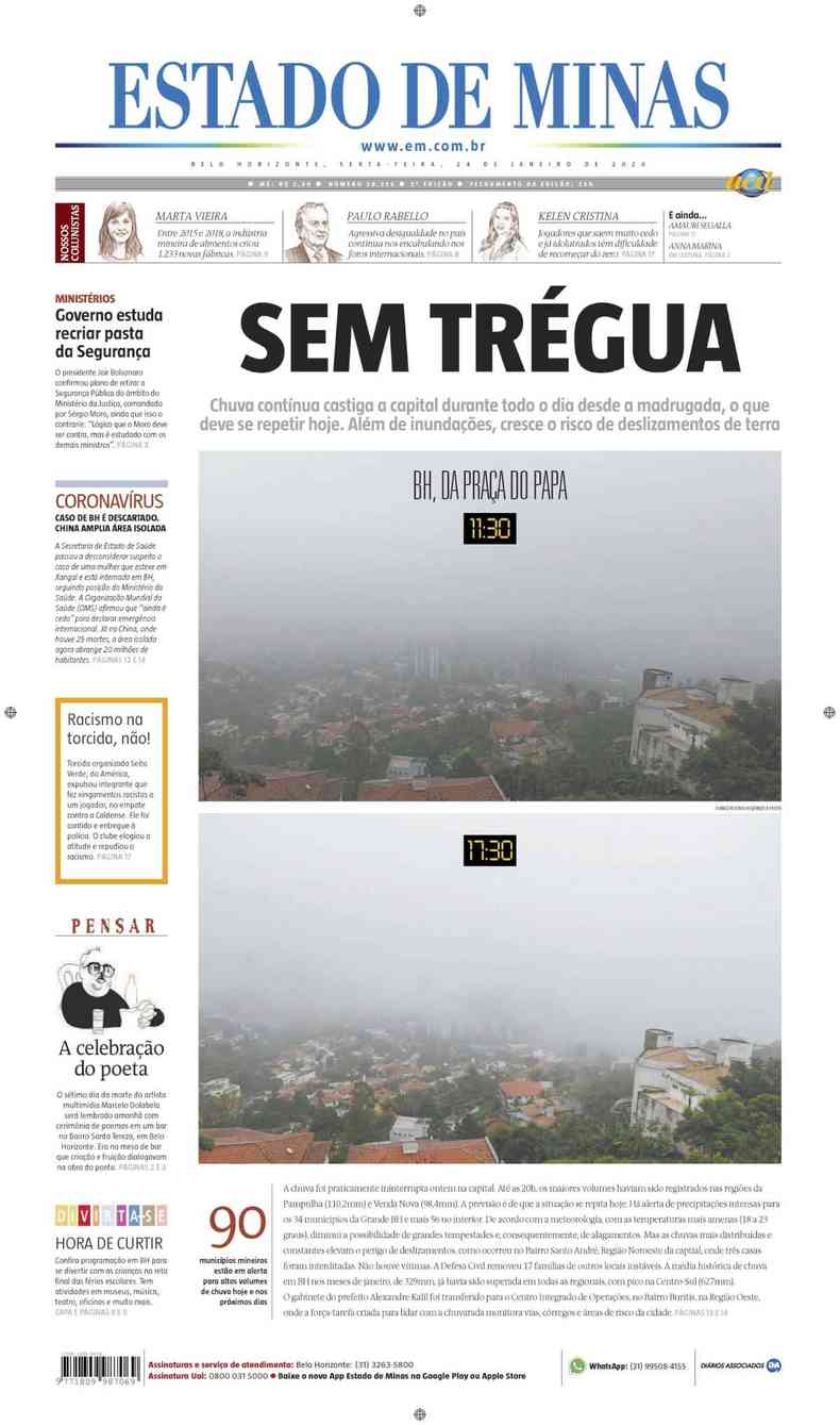 Confira a Capa do Jornal Estado de Minas do dia 24/01/2020(foto: Estado de Minas)