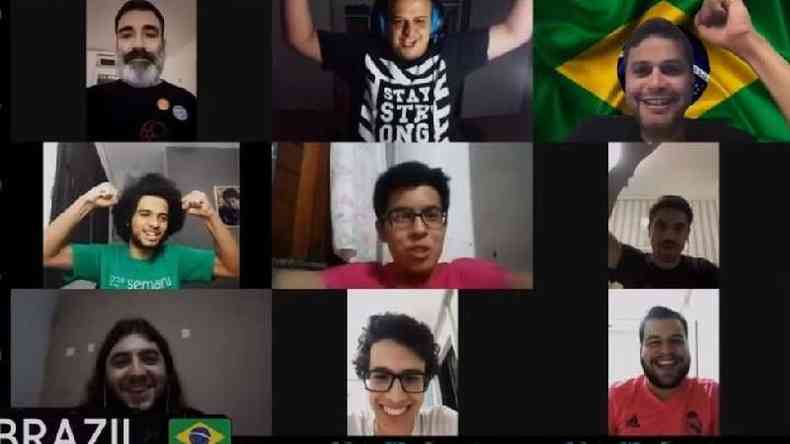Equipe brasileira comemorando virtualmente ao saber que ficou com a dcima colocao na Olimpada Internacional de Matemtica - o melhor desempenho do pas na histria