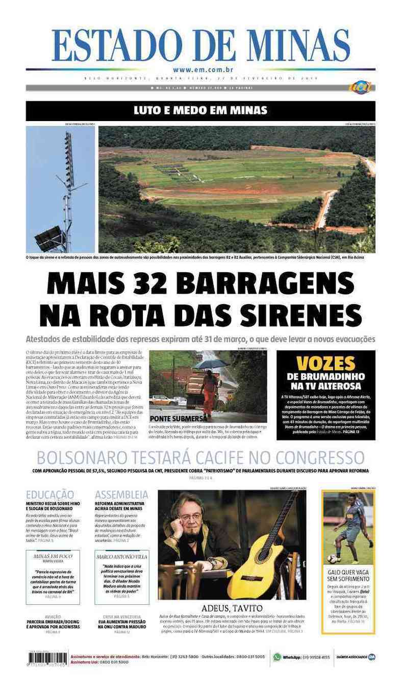Confira a Capa do Jornal Estado de Minas do dia 27/02/2019(foto: Estado de Minas)