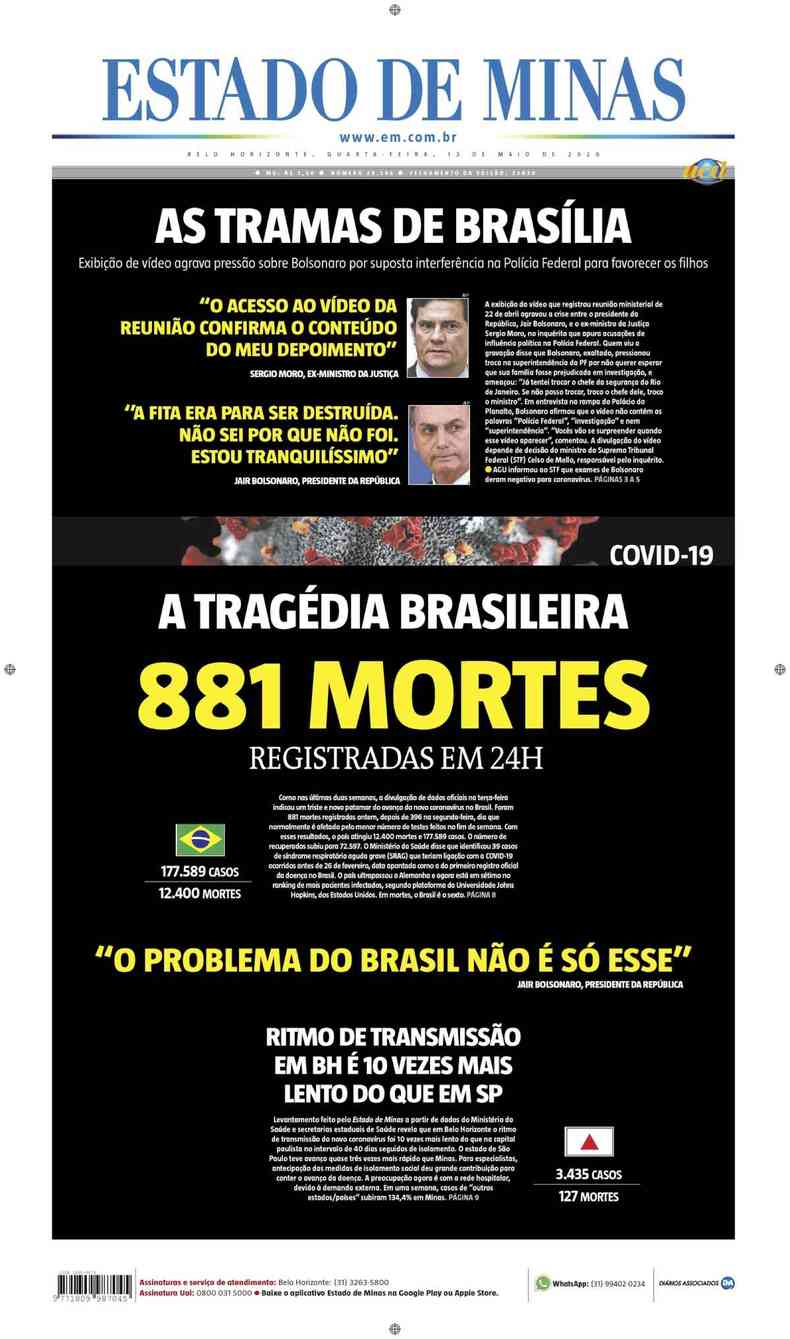 Confira a Capa do Jornal Estado de Minas do dia 13/05/2020(foto: Estado de Minas)