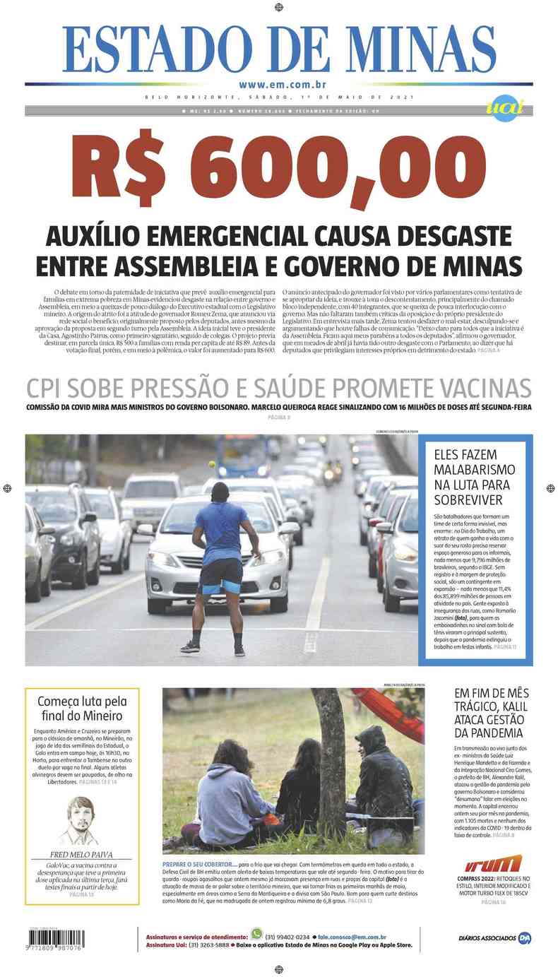 Confira a Capa do Jornal Estado de Minas do dia 01/05/2021(foto: Estado de Minas)