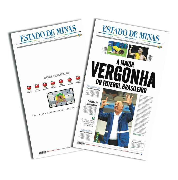 As duas capas do Estado de Minas no dia da derrota da Seleção Brasileira por 7 a 1 para a Alemanha(foto: Reprodução) As duas capas do Estado de Minas no dia da derrota da Seleção Brasileira por 7 a 1 para a Alemanha(foto: Reprodução)
