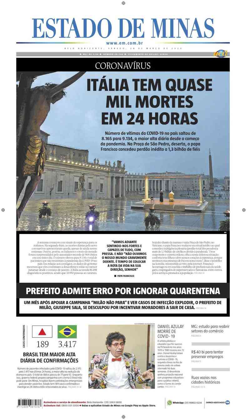 Confira a Capa do Jornal Estado de Minas do dia 28/03/2020(foto: Estado de Minas)