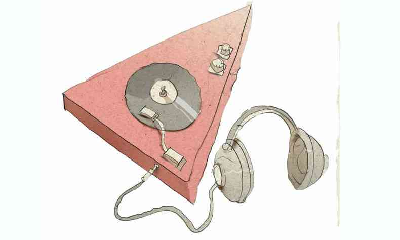 lustrao mostra toca-discos em forma de tringulo, com vinil e fone de ouvido