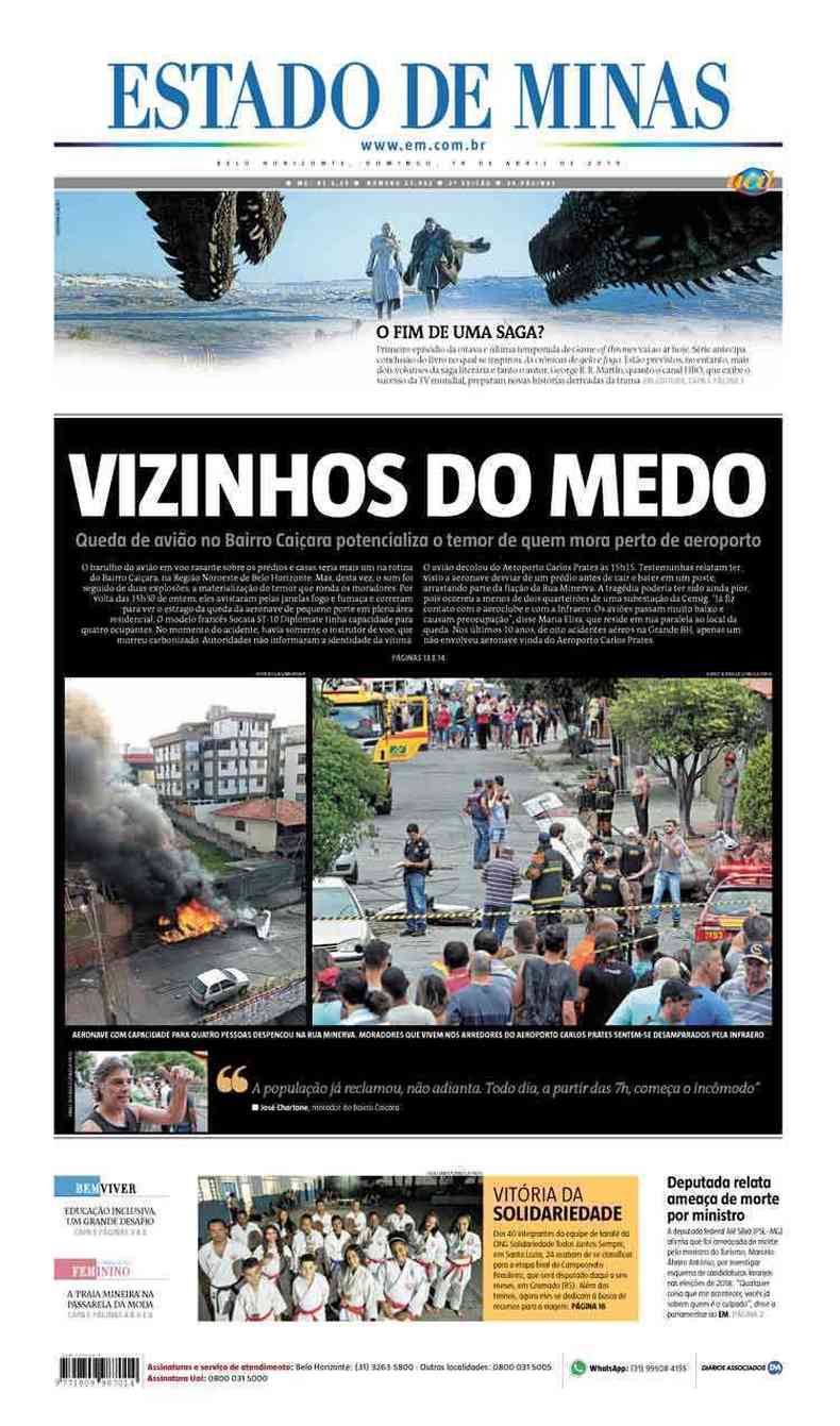 Confira a Capa do Jornal Estado de Minas do dia 14/04/2019(foto: Estado de Minas)