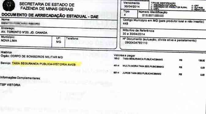 Taxa paga pela Domus solicitando a vistoria do Corpo de Bombeiros(foto: Reproduo)