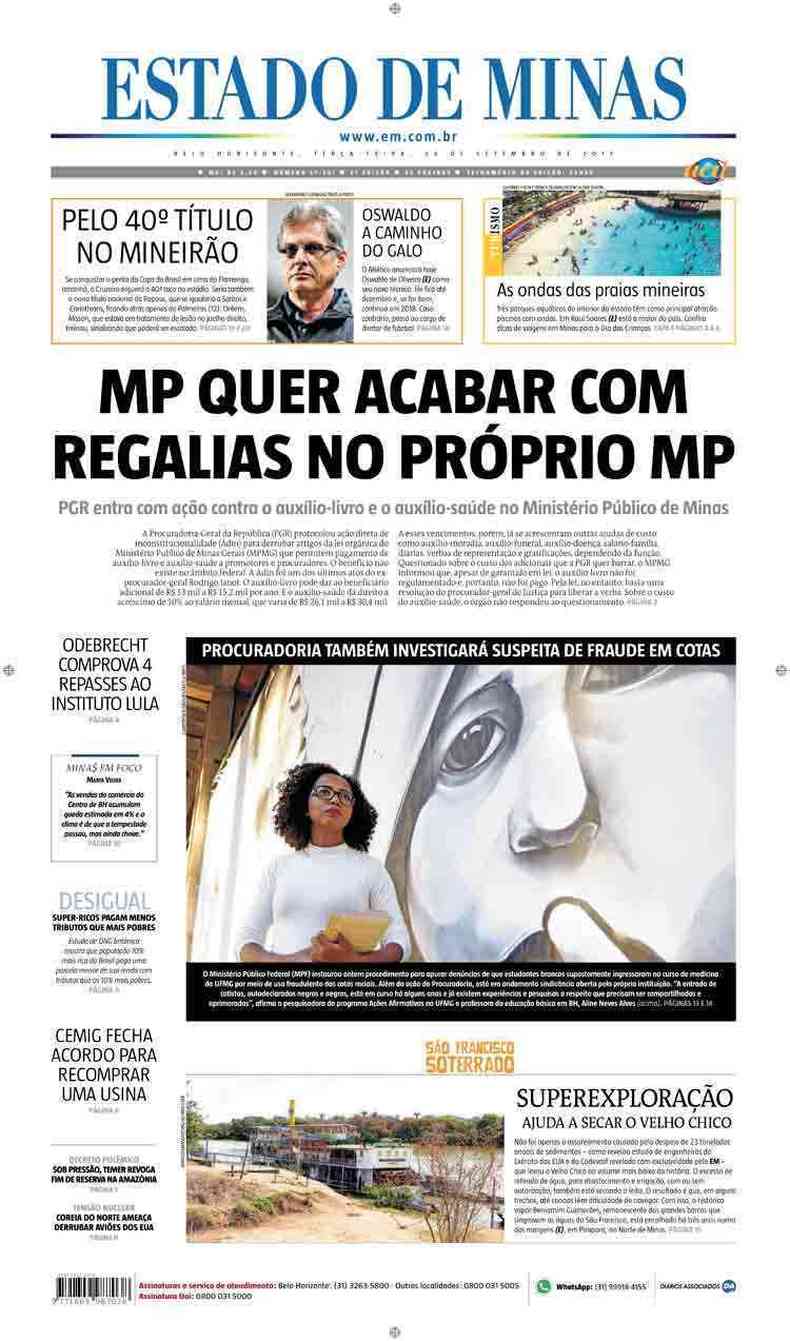 Confira a Capa do Jornal Estado de Minas do dia 26/09/2017