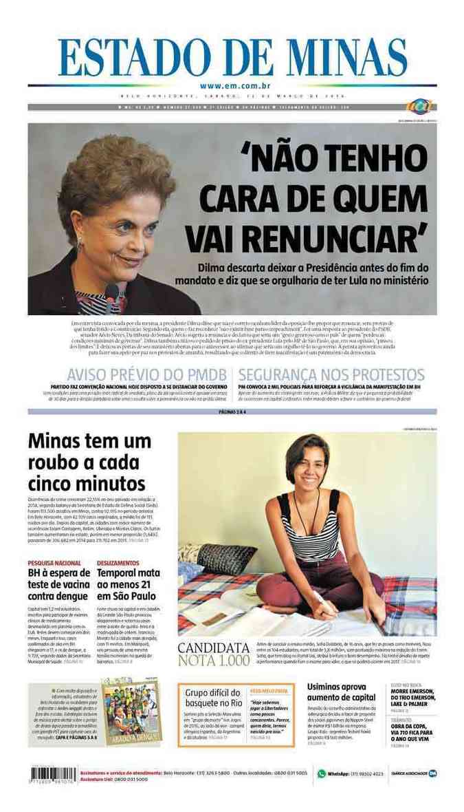 Confira a Capa do Jornal Estado de Minas do dia 12/03/2016