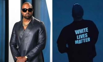 Montagem com uma imagem de Kanye West, homem negro com a cabea raspada usando uma jaqueta de couro e culos escuros, e uma imagem feita das costas de Kanye West e usa uma blusa preta onde se l em branco 'White lives matter'