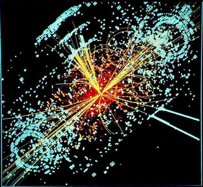 Um evento simulado no detector de CMS, com o aparecimento do Bson de Higgs. (foto: Divulgao:CERN )