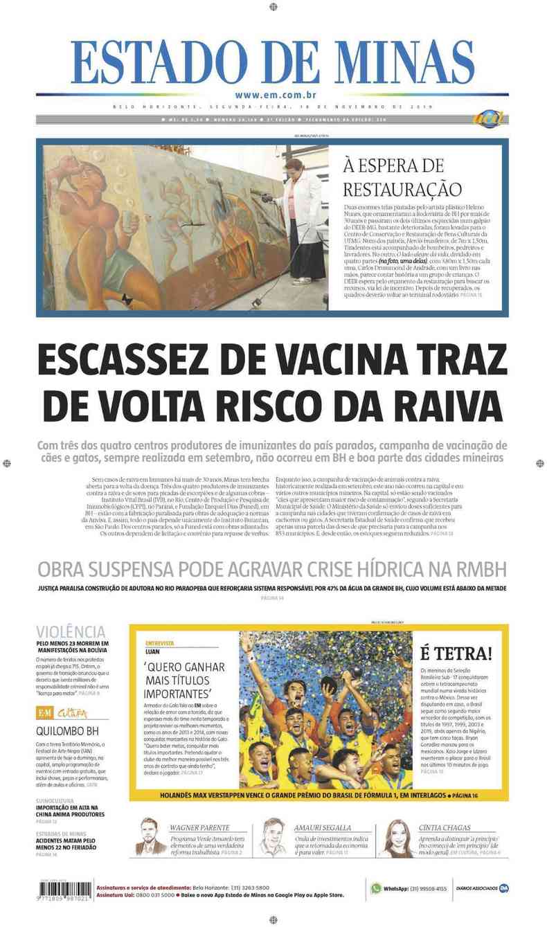 Confira a Capa do Jornal Estado de Minas do dia 18/11/2019(foto: Estado de Minas)
