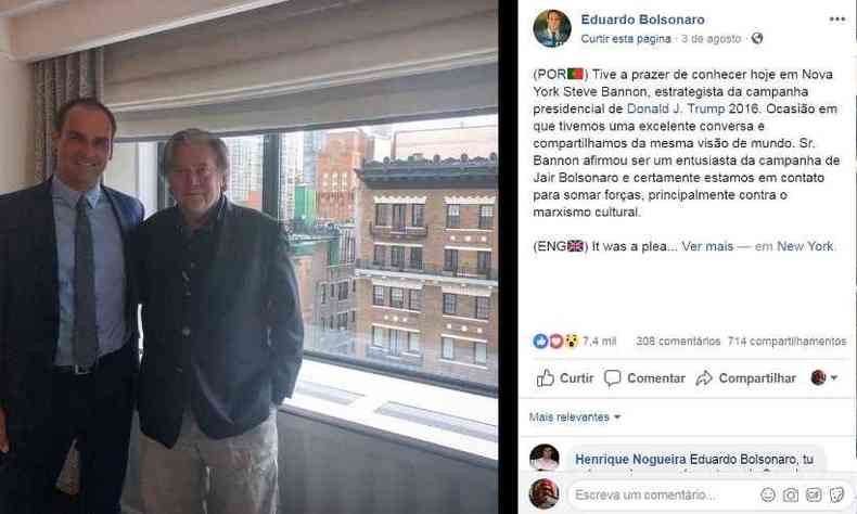 O encontro do filho do ento candidato a presidente com o ex-assessor de Trump foi postada no Facebook(foto: Reproduo/Facebook Eduardo Bolsonaro)