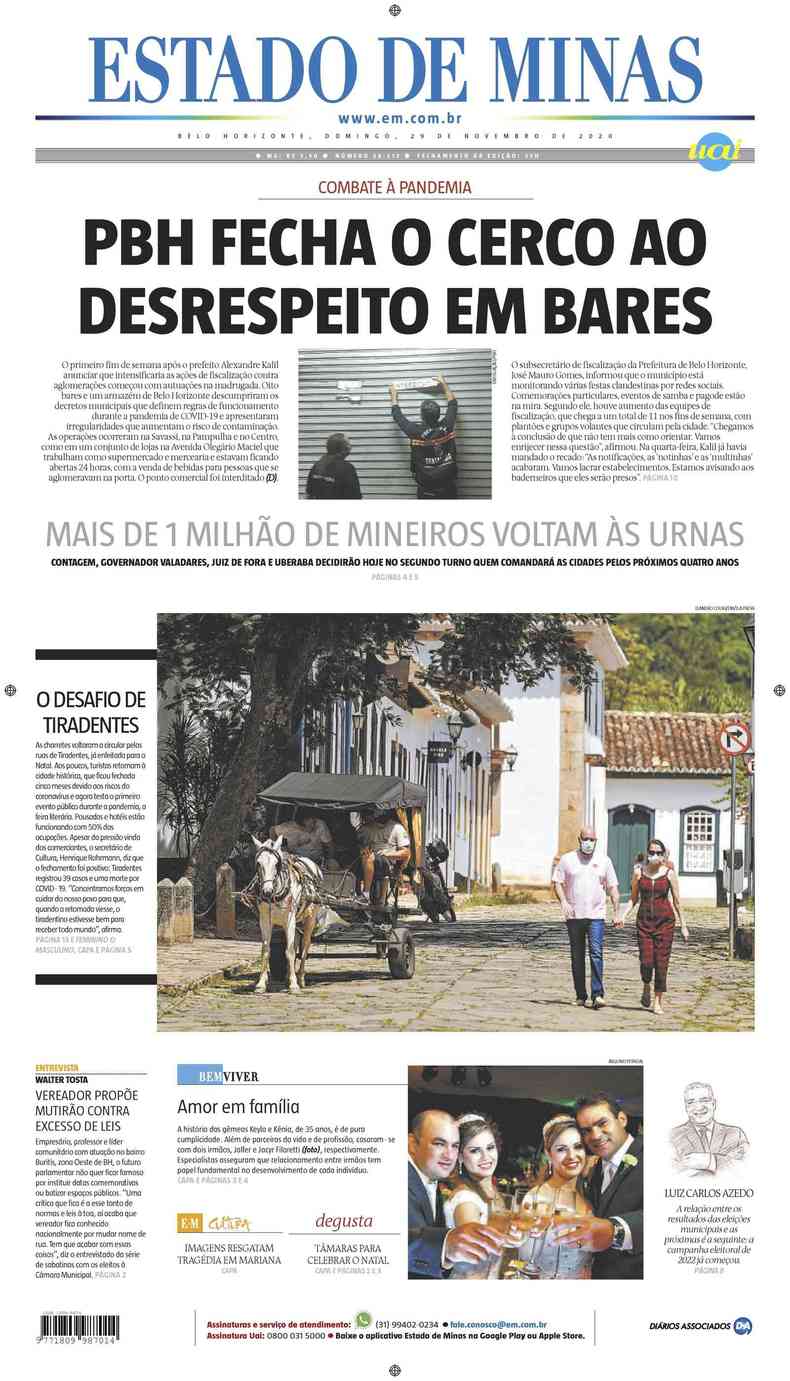Confira a Capa do Jornal Estado de Minas do dia 29/11/2020(foto: Estado de Minas)
