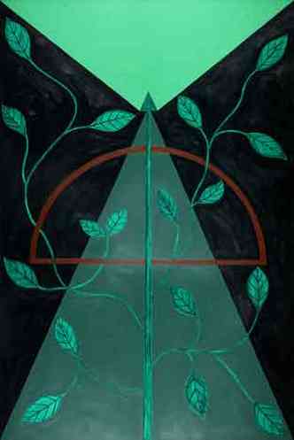 Quadro A flecha do guerreiro Oxssi, pintado por Abdias do Nascimento, tem fundo verde, folhas e uma flecha estilizada