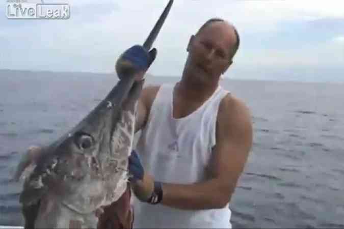 Pescador mostra o que sobrou do marlim-azul depois do ataque de um tubaro-tigre(foto: Reproduo internet / liveleak.com)