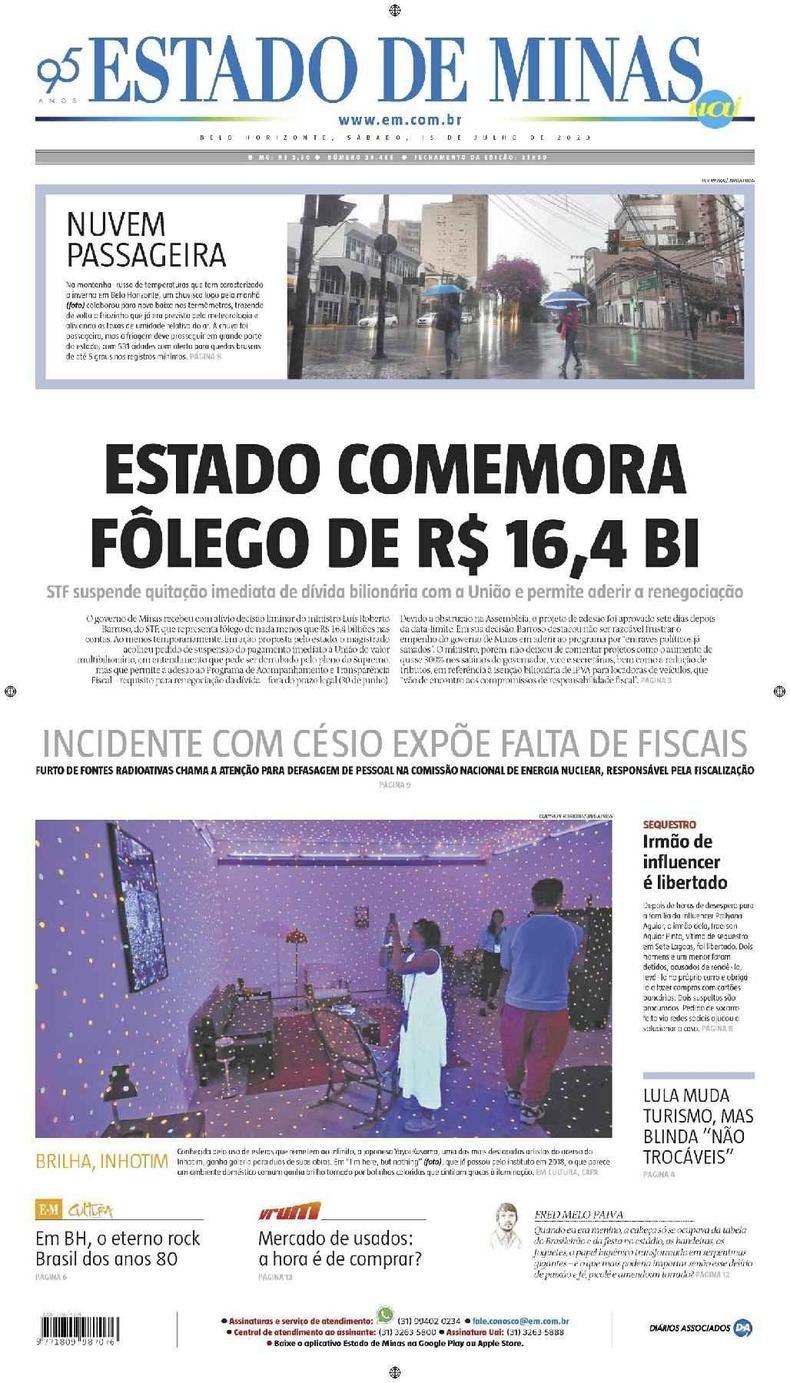 Confira a Capa do Jornal Estado de Minas do dia 15/07/2023
