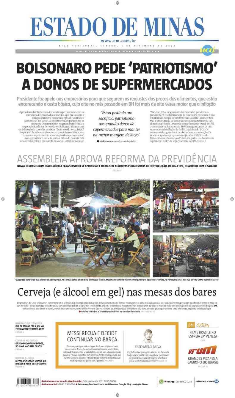 Confira a Capa do Jornal Estado de Minas do dia 05/09/2020(foto: Estado de Minas)