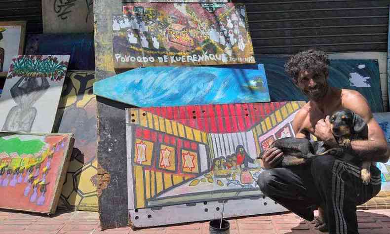 Artista em situao de rua Gerson Flores e seu co, Pitoco 