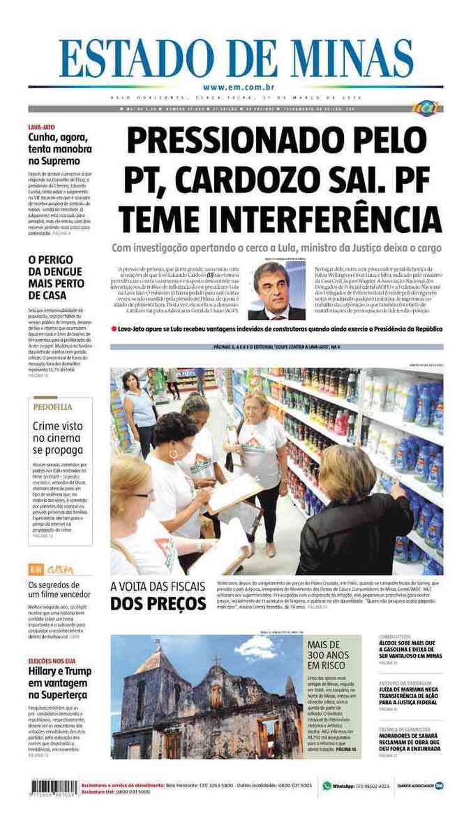 Confira a Capa do Jornal Estado de Minas do dia 01/03/2016