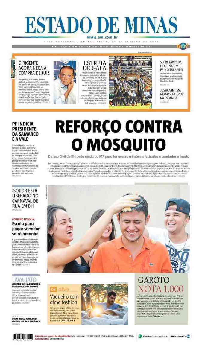 Confira a Capa do Jornal Estado de Minas do dia 14/01/2016