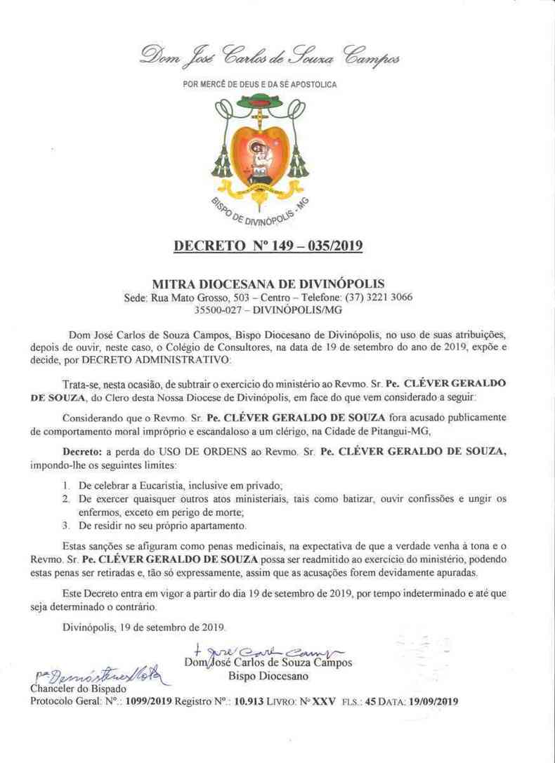 No decreto, o bispo classifica as sanções como 'penas medicinais' e afirma que o caso está sendo apurado (foto: Reprodução)